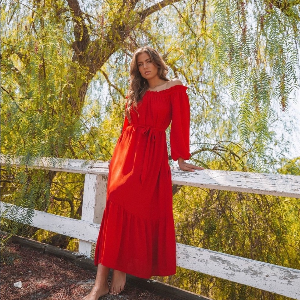 Red Avant Garde Off The Shoulder Ruffle Maxi Dress